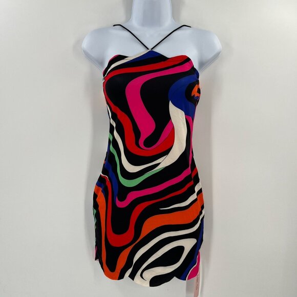MICAS S Psychedelic Swirl Mini Dress Bodycon Strapless Multi-Color Y2K Party - Picture 1 of 9